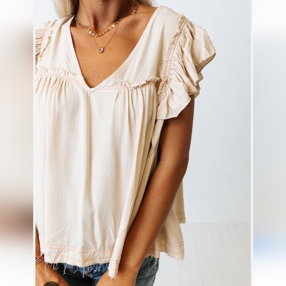 Anthropologie Angel Of The North Distressed Cream V-Neckline Blouse